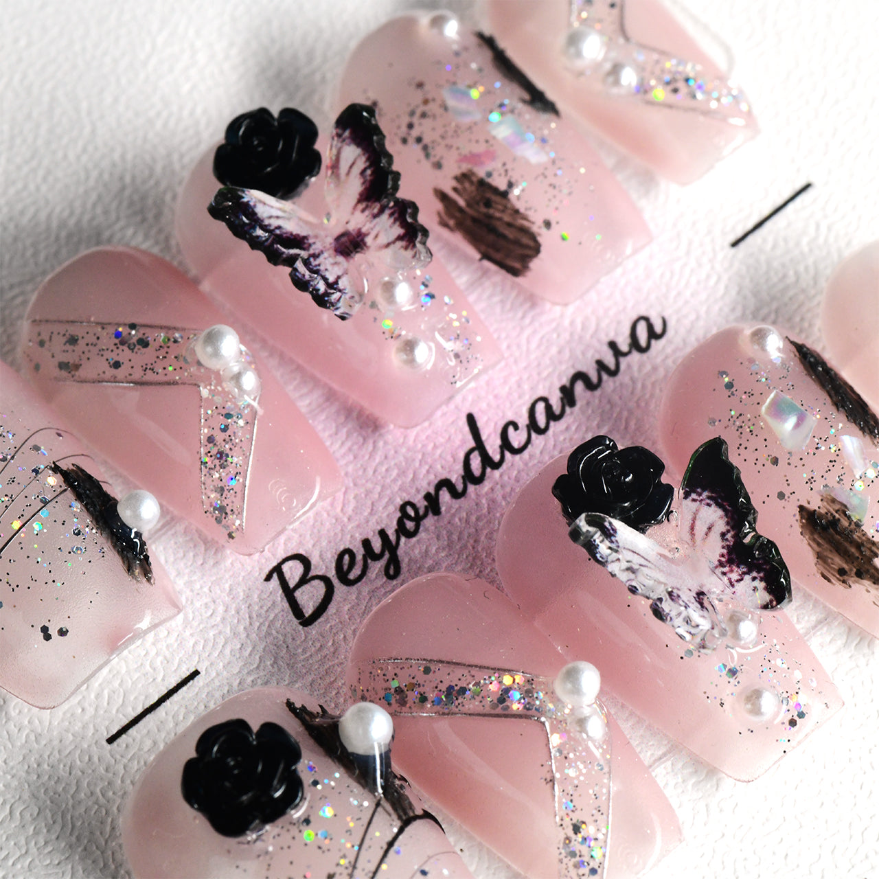 Pink Glitter Acrylic Medium  Coffin Butterfly Handmade Press On Nails Diamond BEYONDCANVA