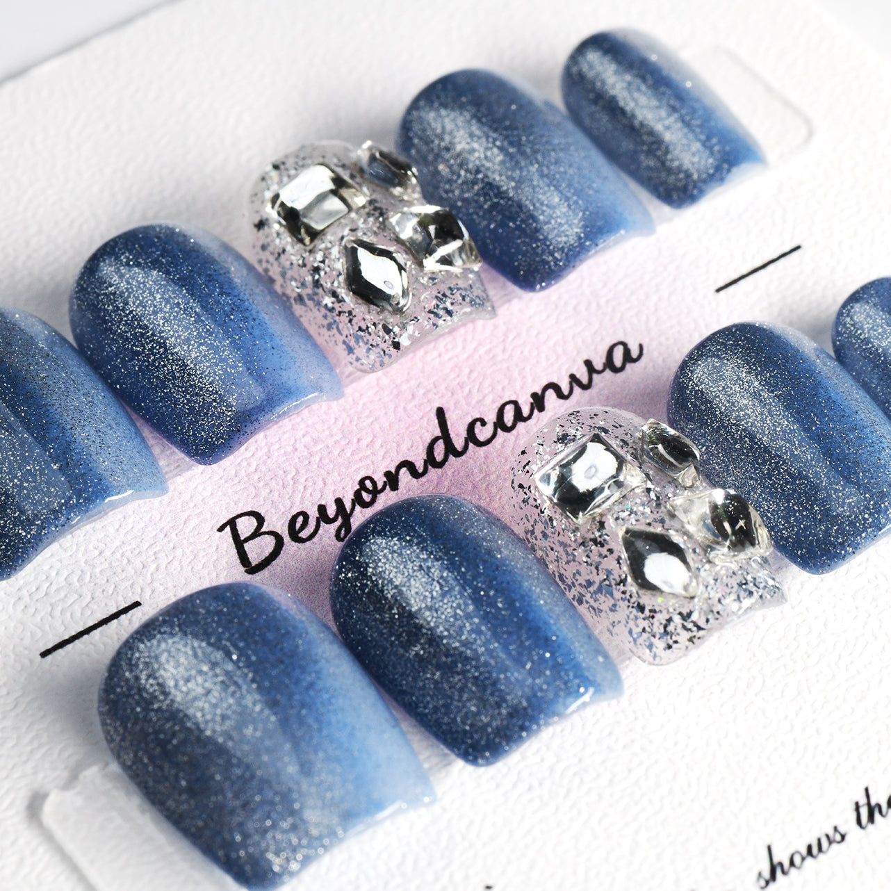 Elegant Blue Short Coffin Handmade Press On Nails With Rhinestones-BEYONDCANVA