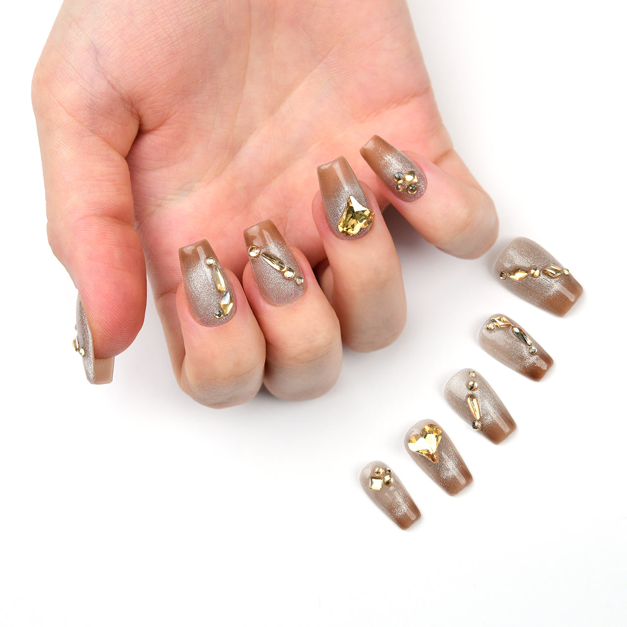 Glossy Brown Long Coffin Ombre Nude Handmade Press On Nails With Diamond-BEYONDCANVA