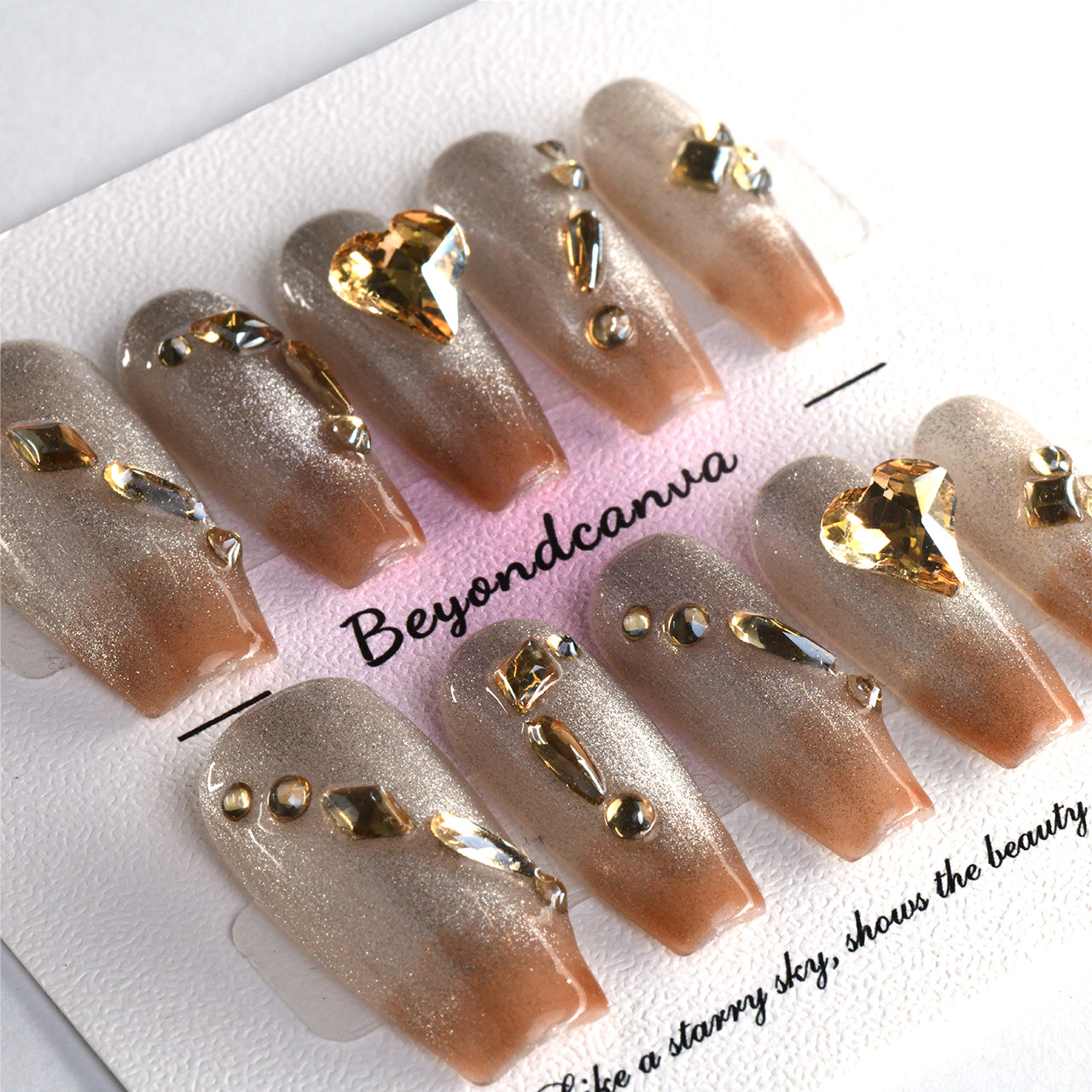Sparkle Brown Long Coffin Ombre Nude Handmade Press On Nails With Diamond-BEYONDCANVA