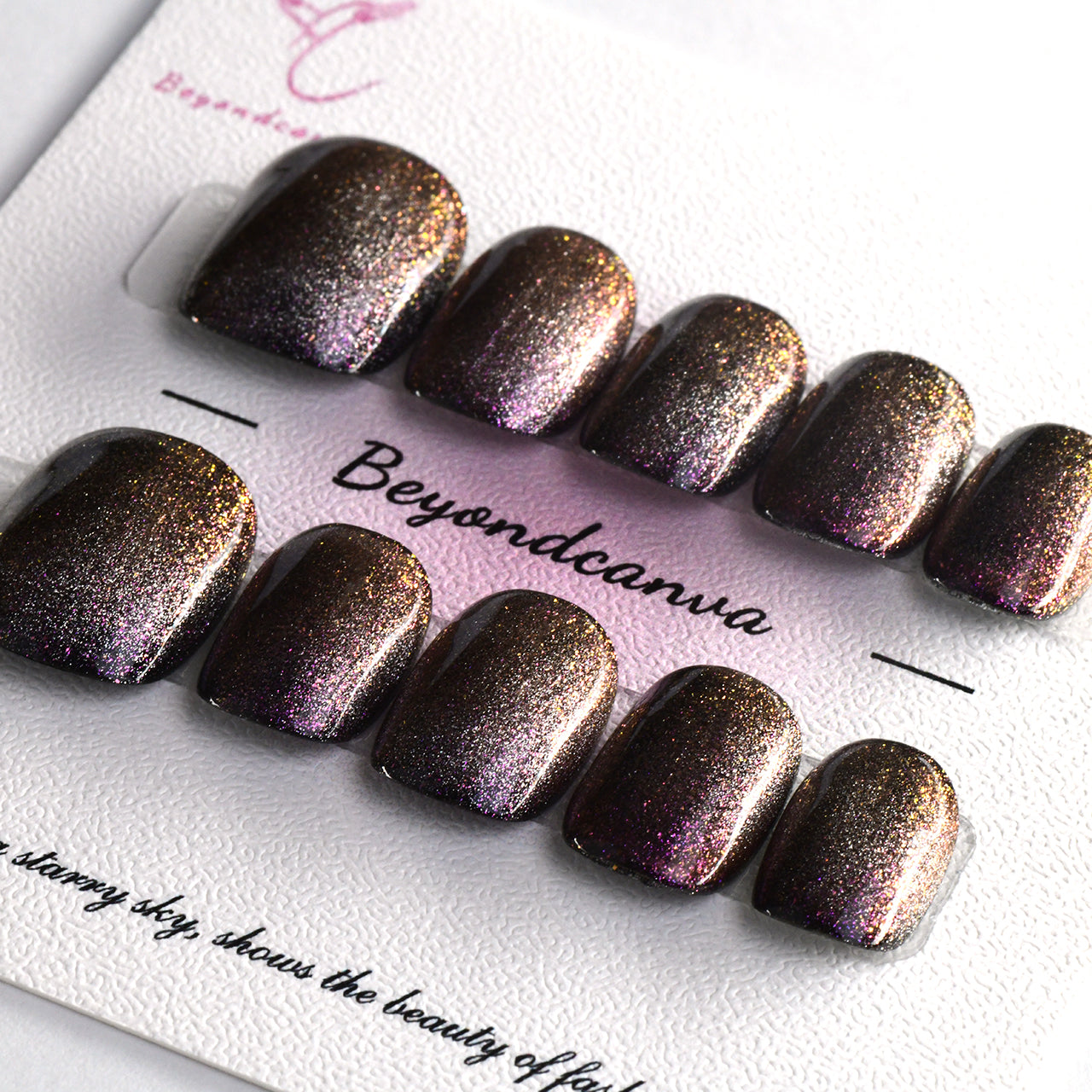 Bling Purple Short Squoval Glossy Handmade Press On Nails With Cat Eyes-BEYONDCANVA