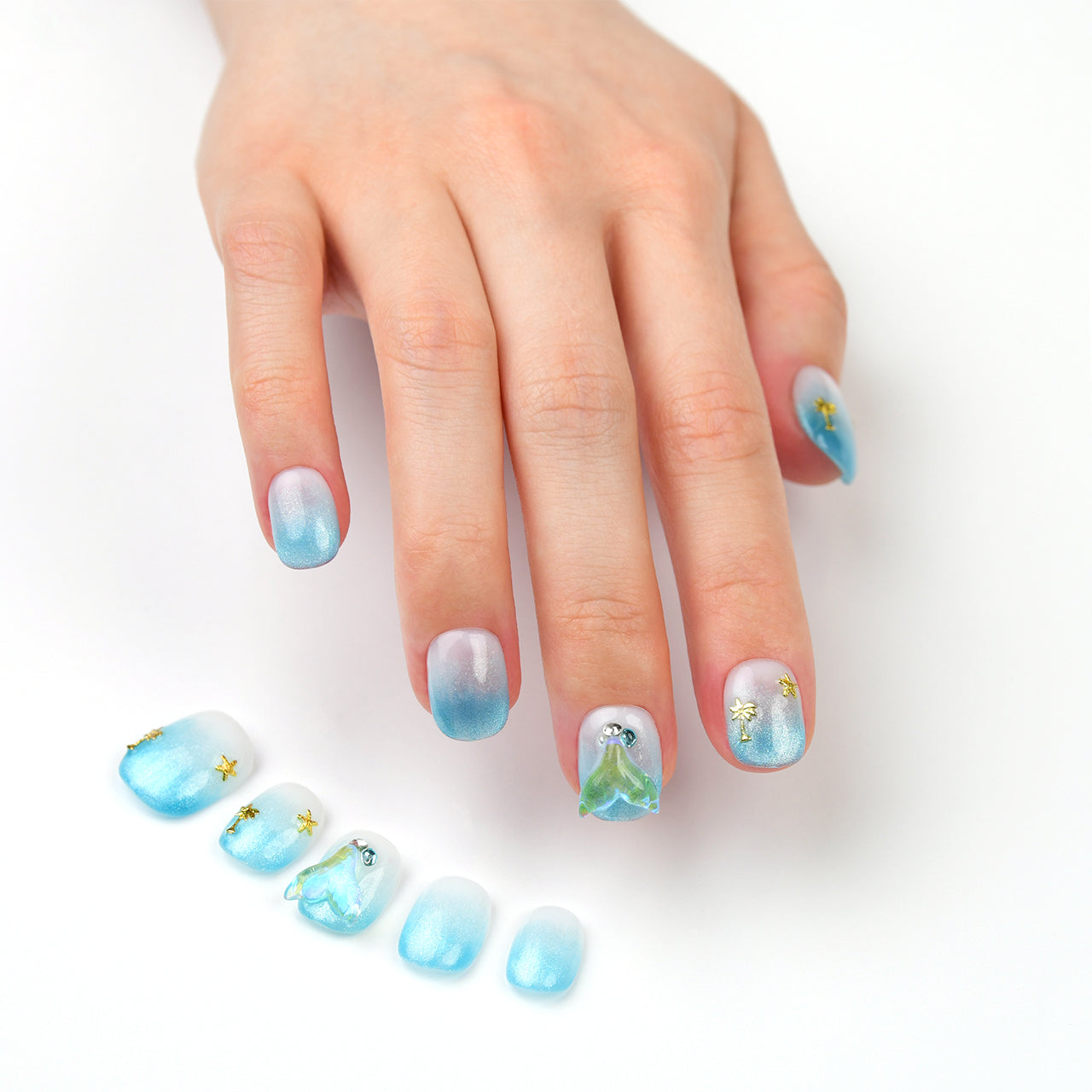 Sparkle Ombre Blue Acrylic Short Squoval Glitter Handmade Press On Nails BEYONDCANVA