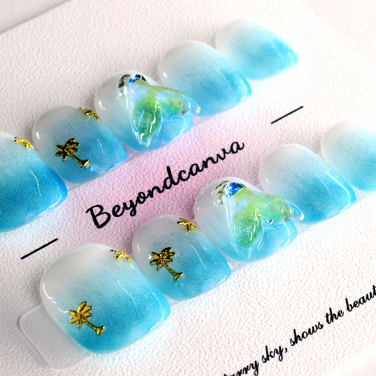 Cute Ombre Blue Acrylic Short Squoval Glitter Handmade Press On Nails BEYONDCANVA