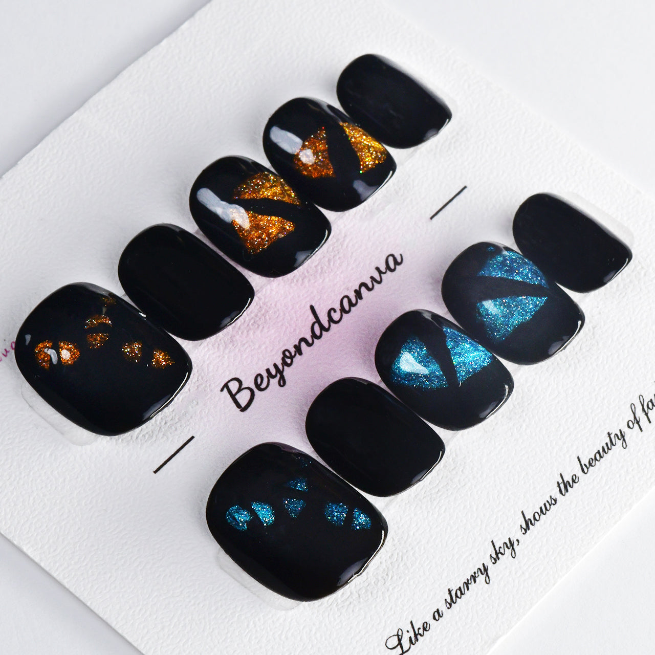 Classy Black Acrylic Short Squoval Handmade Press On Nails With Cat Eyes-BEYONDCANVA