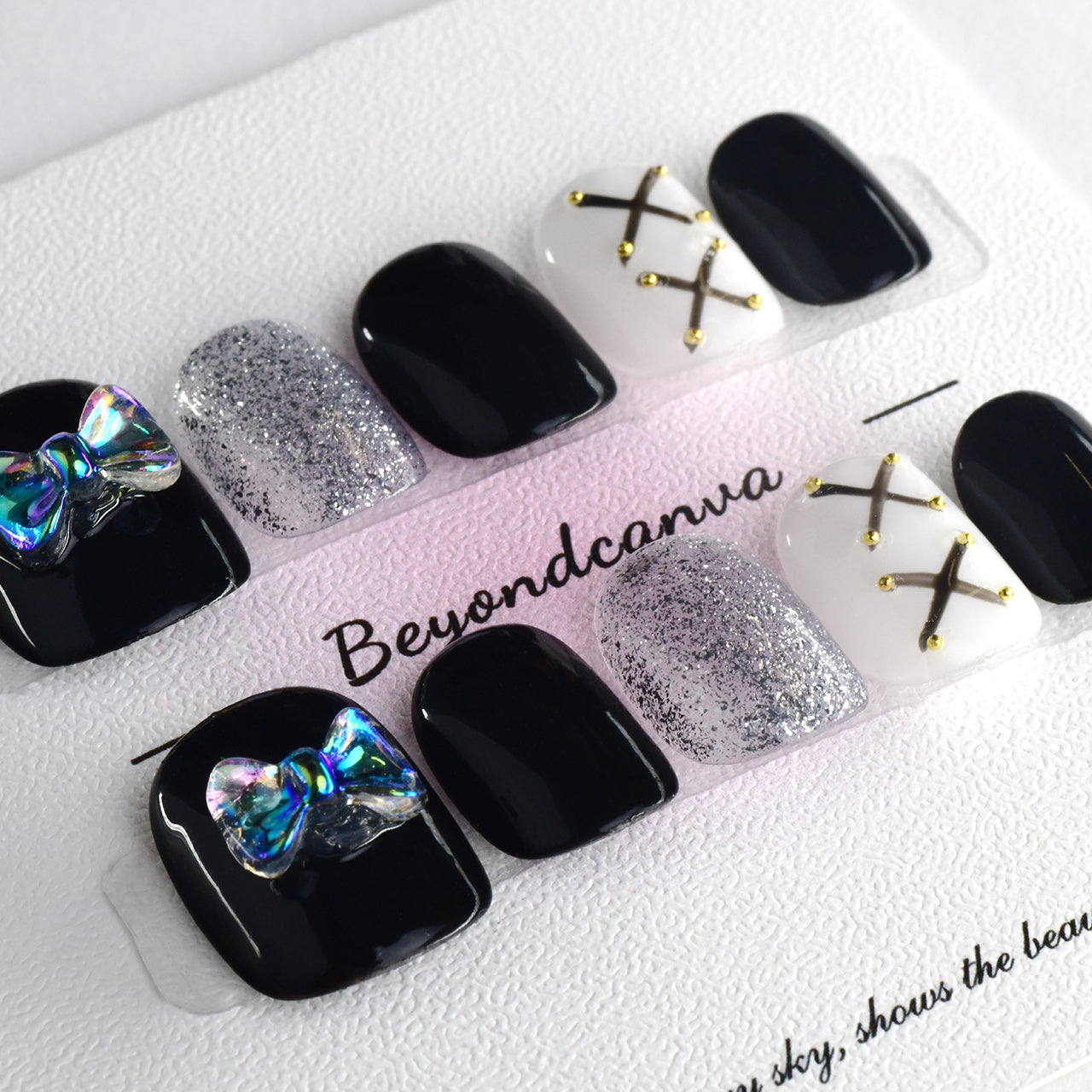 Sparkle Cute Black Acrylic Short Squoval Diamond Handmade Press On Nails BEYONDCANVA