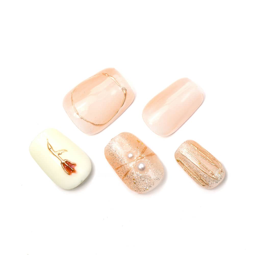 Glitter Pink short Coffin Handmade Press On Nails With Red Rose Design-YONDCANVA