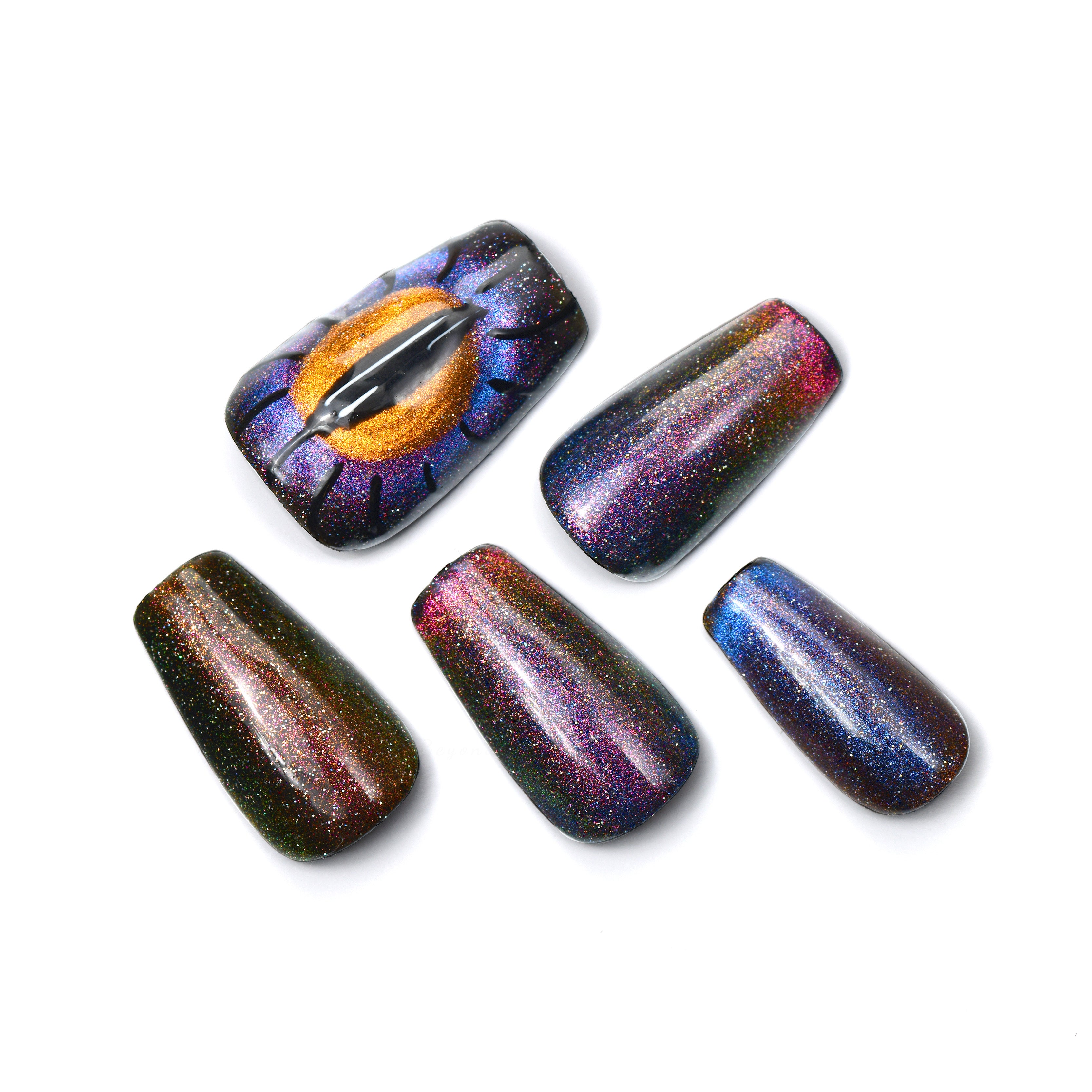 Bling Purple Medium Coffin Glitter Handmade Press On Nails With Cat Eyes-BEYONDCANVA