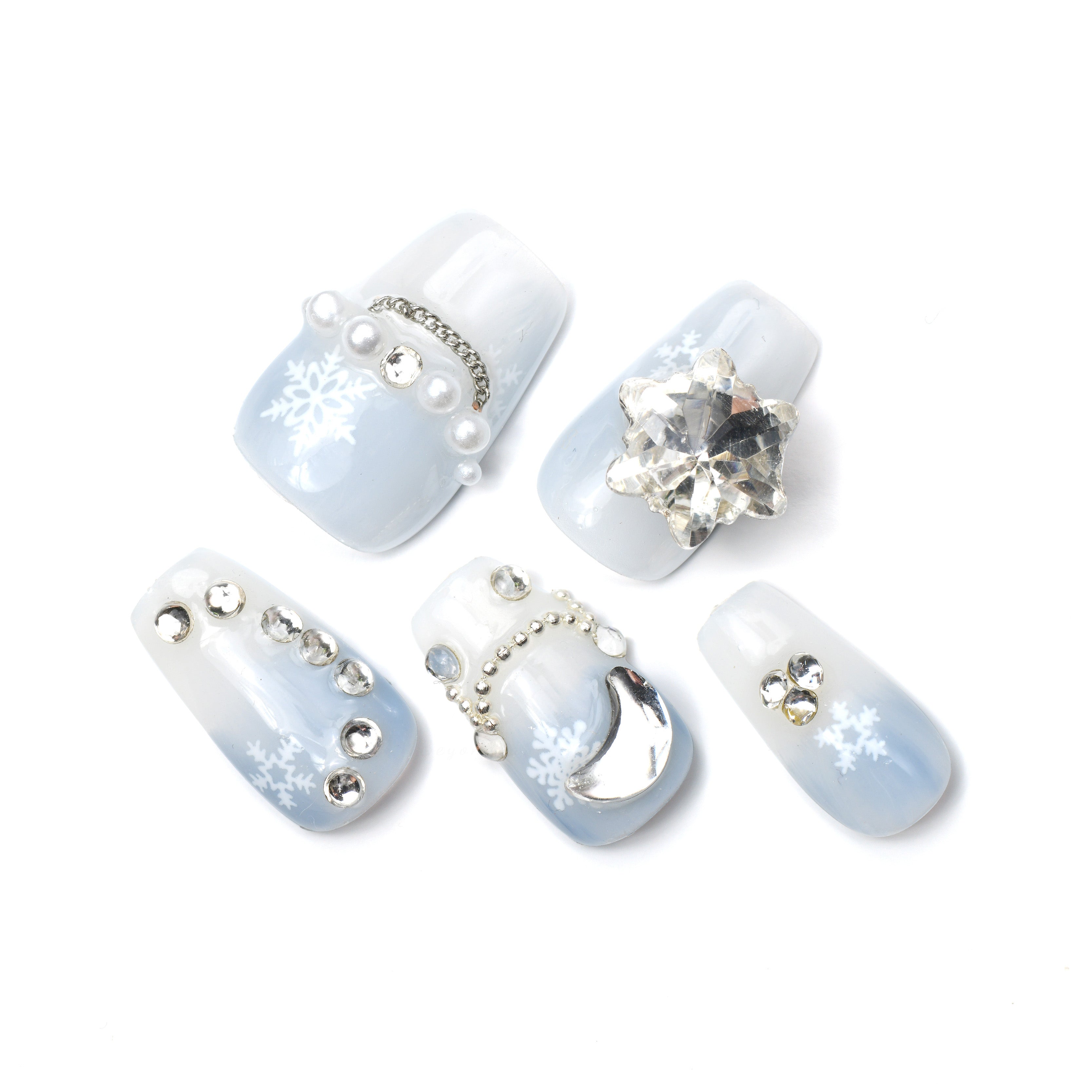 Exquisite Ombre Blue Acrylic Meidum Coffin Glitter Diamond Handmade Press On Nails BEYONDCANVA