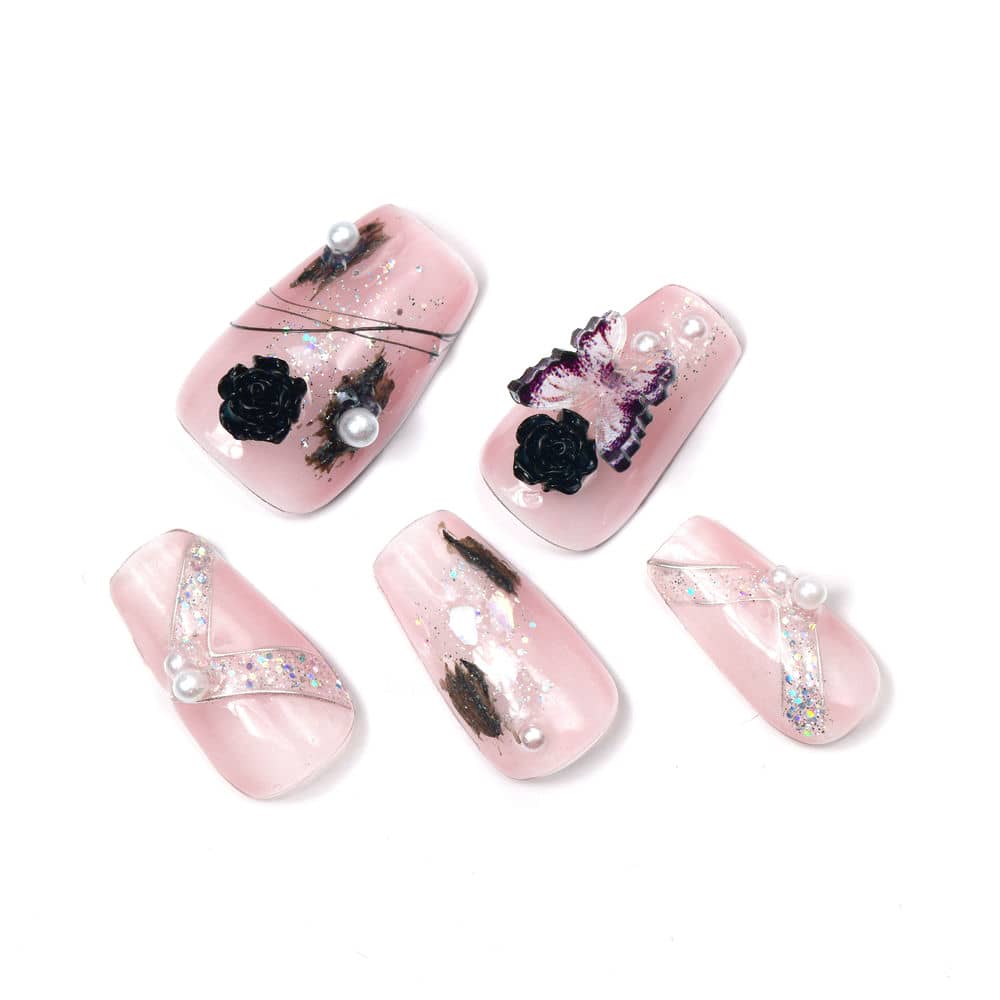 Pink Sparkle Acrylic Medium Coffin Butterfly Handmade Press On Nails Diamond BEYONDCANVA