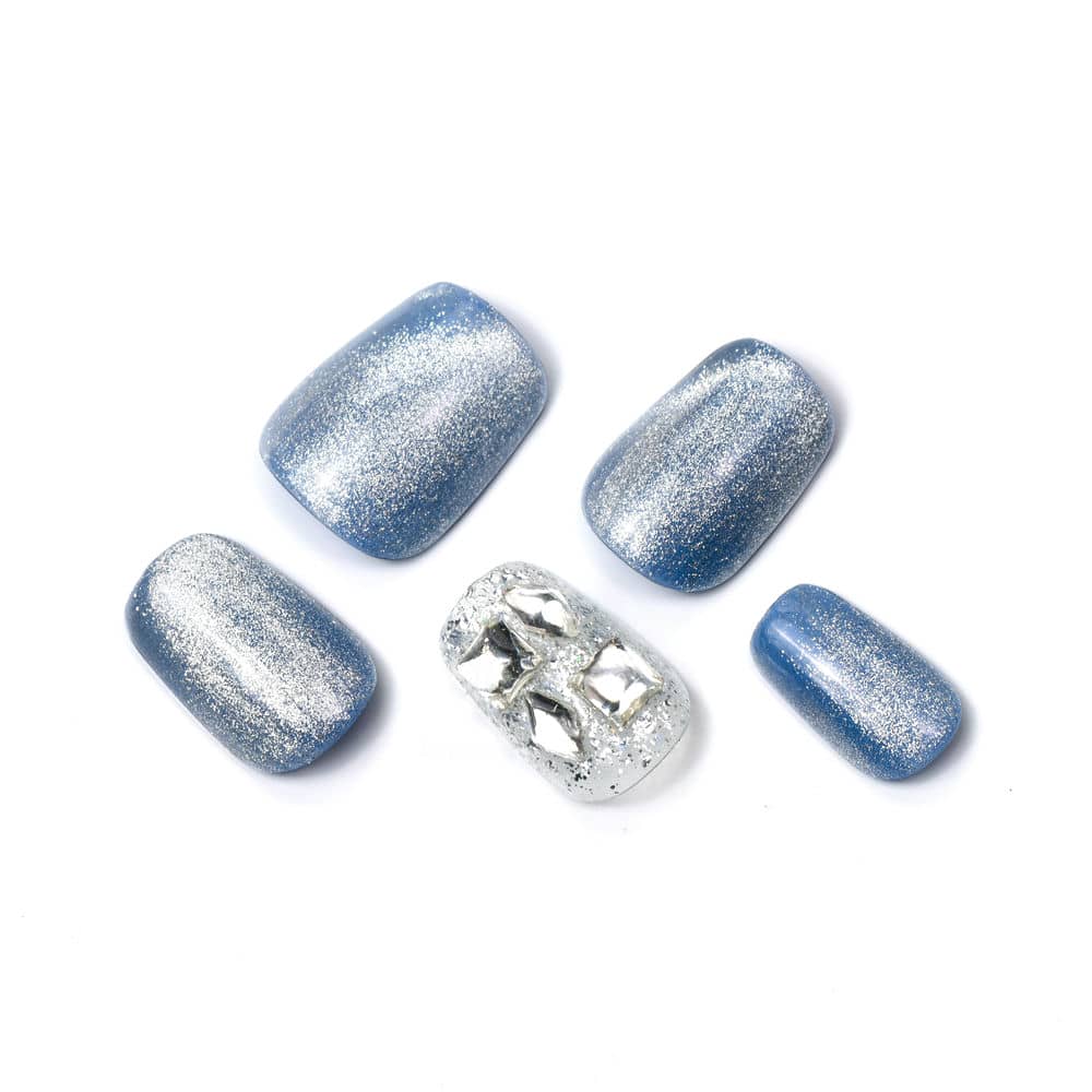 Exquisite Blue Short Coffin Handmade Press On Nails With Rhinestones-BEYONDCANVA