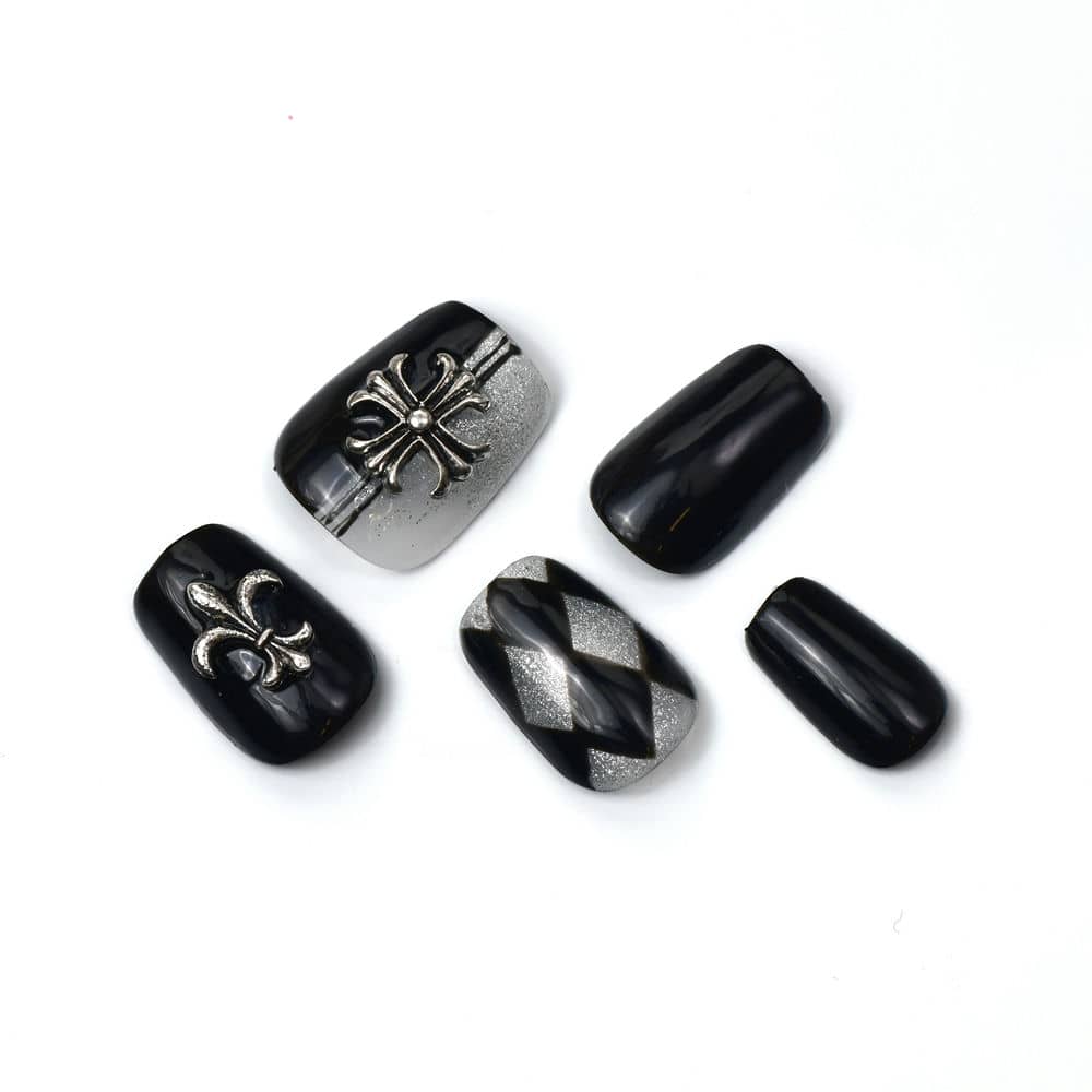 Glitter Black Short Coffin Handmade Press On Nails With Rhinestones-BEYONDCANVA