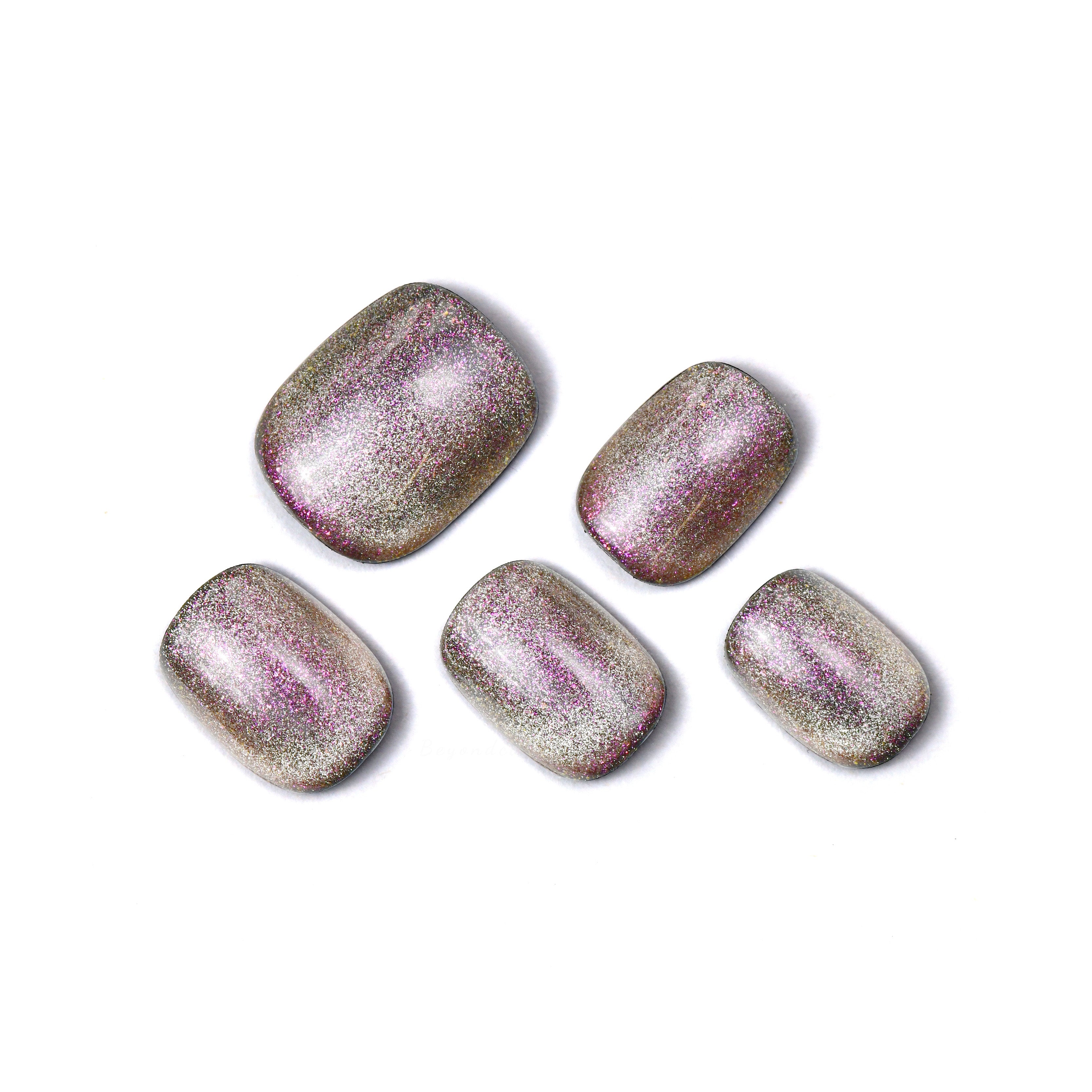 Sparkle Purple Short Squoval Glossy Handmade Press On Nails With Cat Eyes-BEYONDCANVA