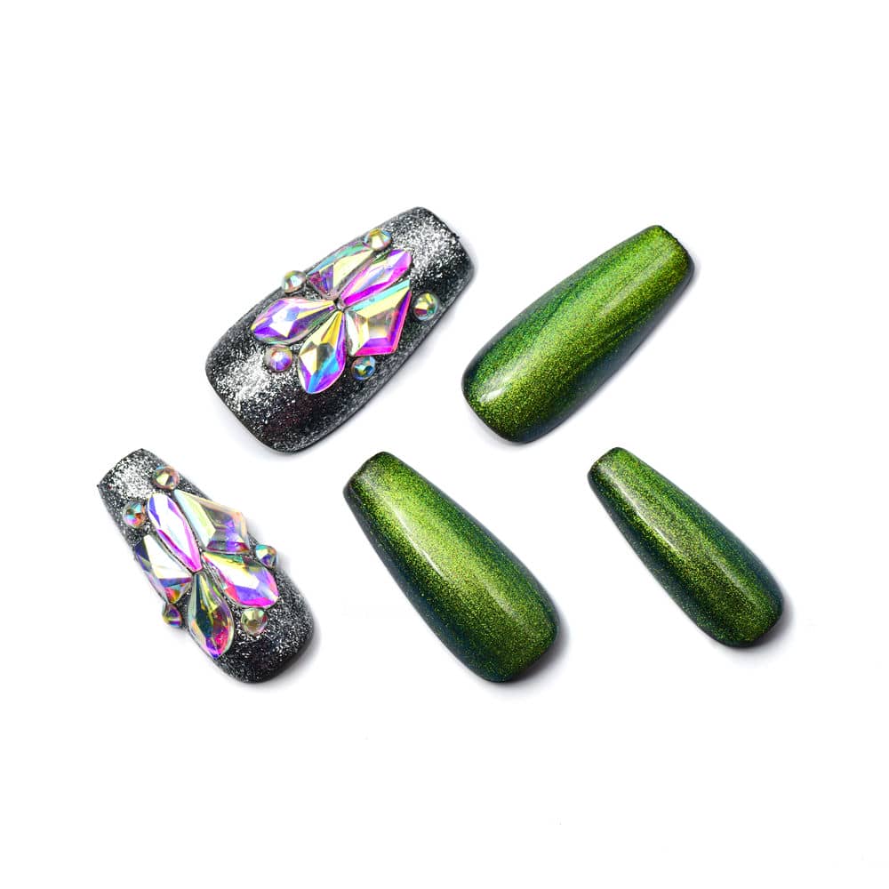 Exquisite Glossy Green Coffin Long Handmade Press On Nails With Rhinestones-BEYONDCANVA