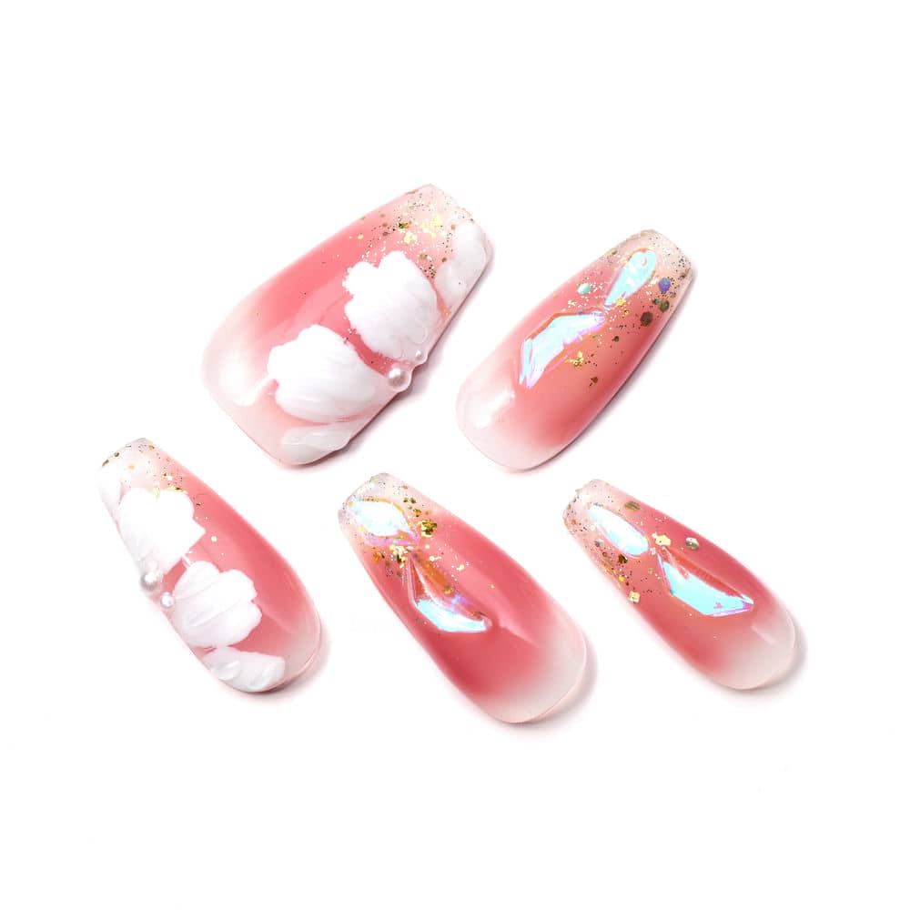 Elegant Pink Acrylic Coffin Long Butterfly Diamond Handmade Press On Nails BEYONDCANVA