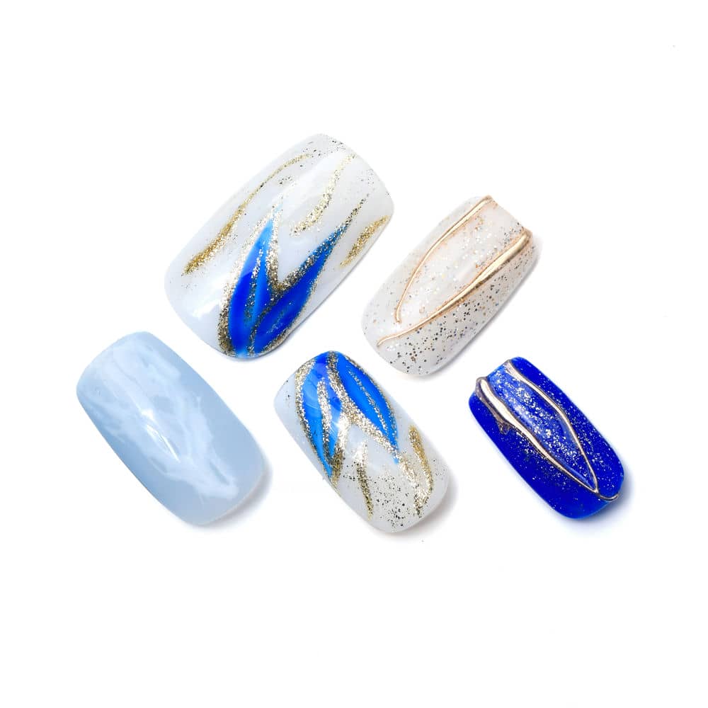 Sparkle Blue Glossy Medium Square Handmade Press On Nails With Golden Design-BEYONDCANVA