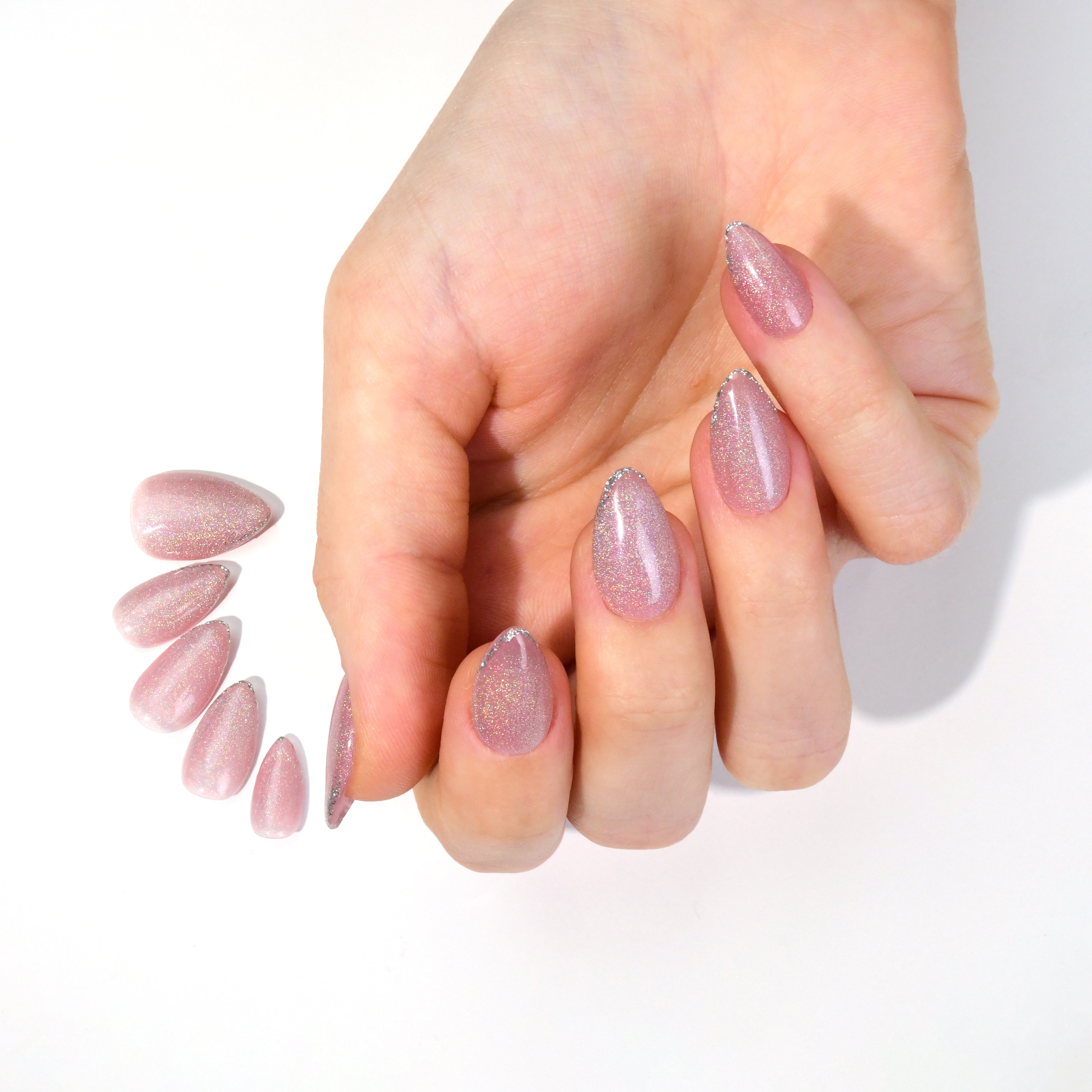 Exquisite Pink Acrylic Medium Almond Glitter Solid Handmade Press On Nails BEYONDCANVA