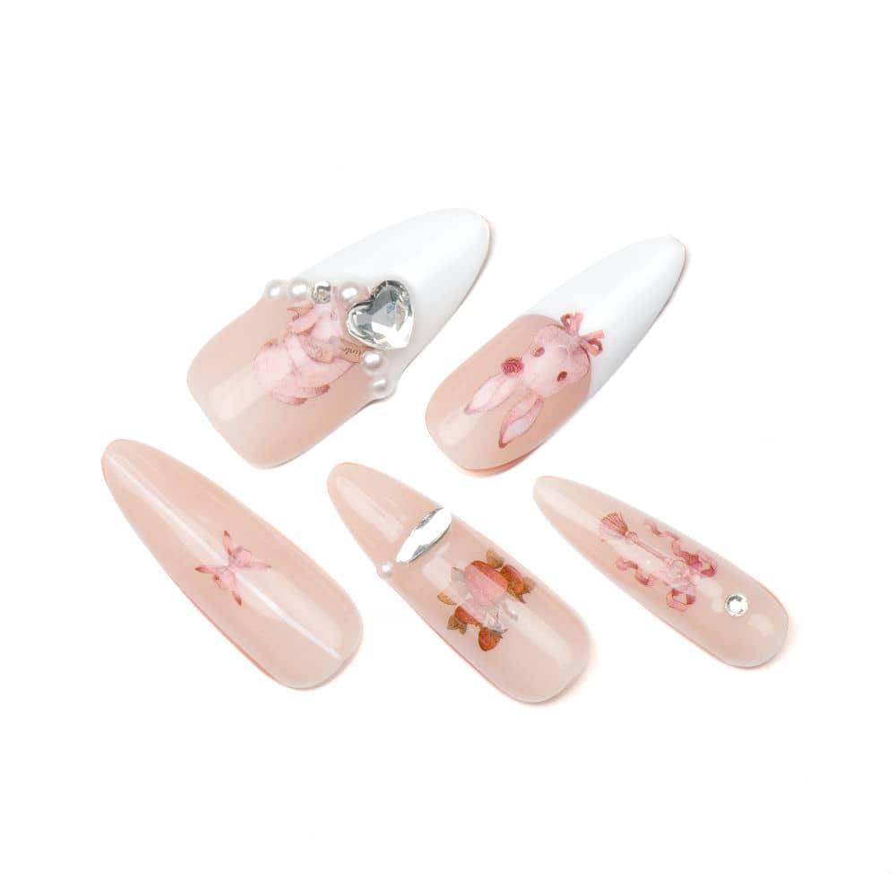 Glossy Pink Extra Long Almond Acrylic Rabbit Handmade Press On Nails With Diamonds-BEYONDCANVA