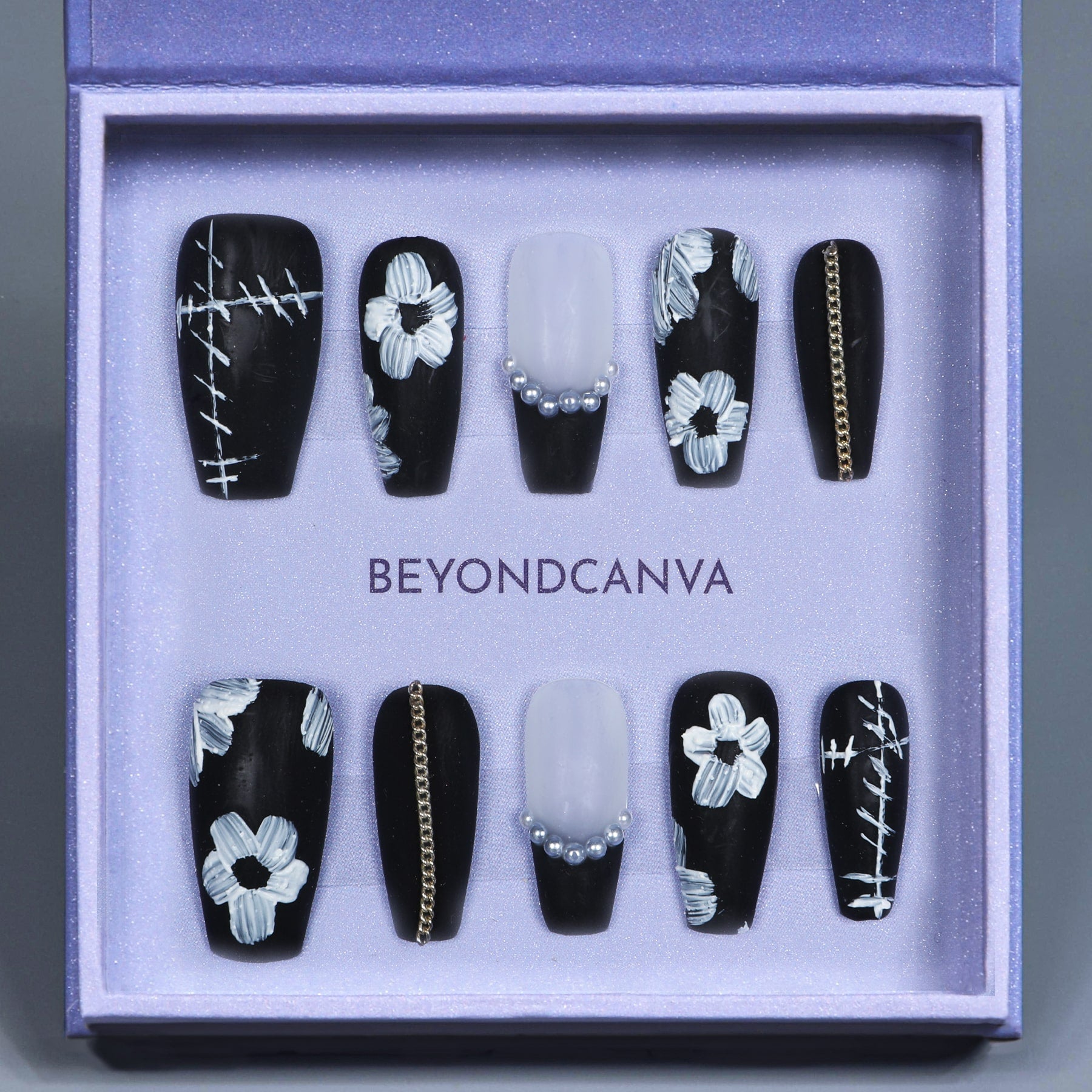 Monochrome Blooms Handmade Press On Nails