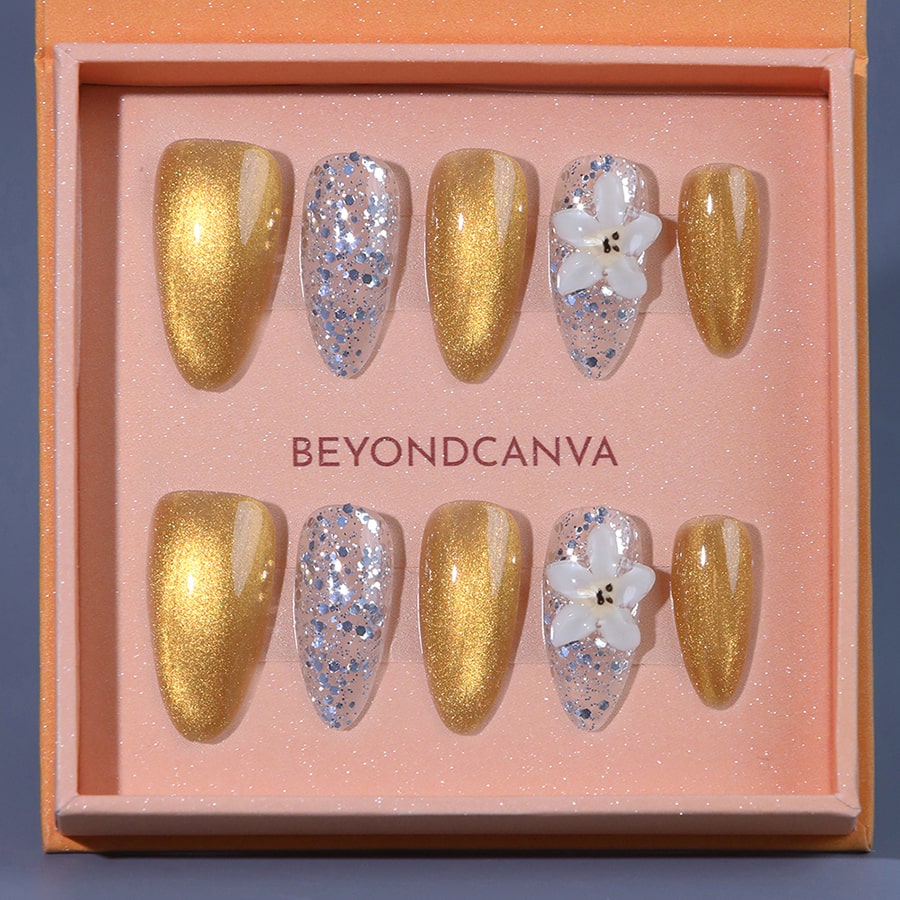 Golden Blossom Handmade Press On Nails