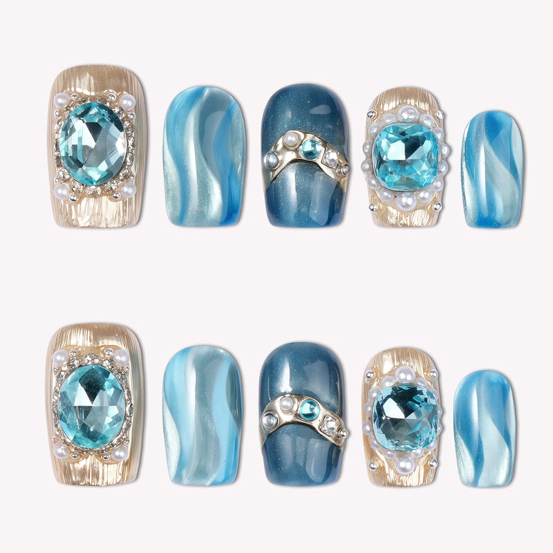 Aquamarine Regal Handmade Press On Nails