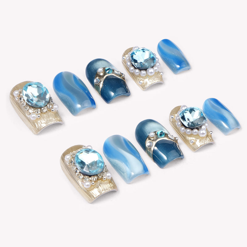 Aquamarine Regal Handmade Press On Nails