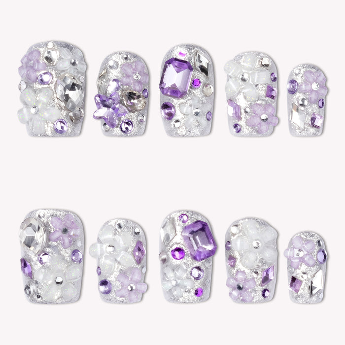 Violet Crystal Blossom Luxury Press On Nails | Purple 3D Crystal Nail Design
