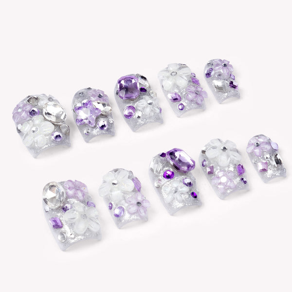 Violet Crystal Blossom Handmade Press On Nails