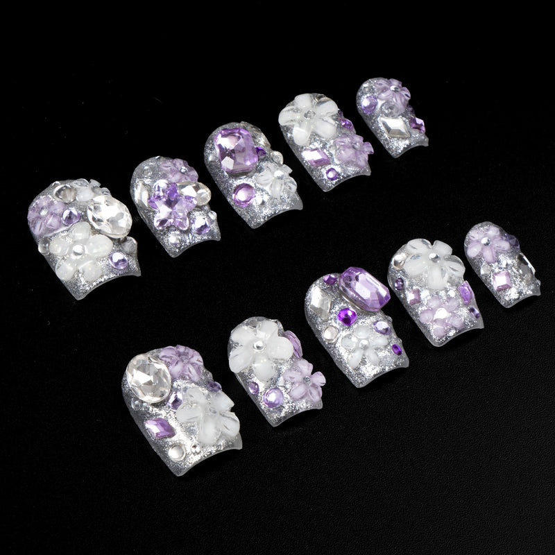 Violet Crystal Blossom Luxury Press On Nails | Purple 3D Crystal Nail Design