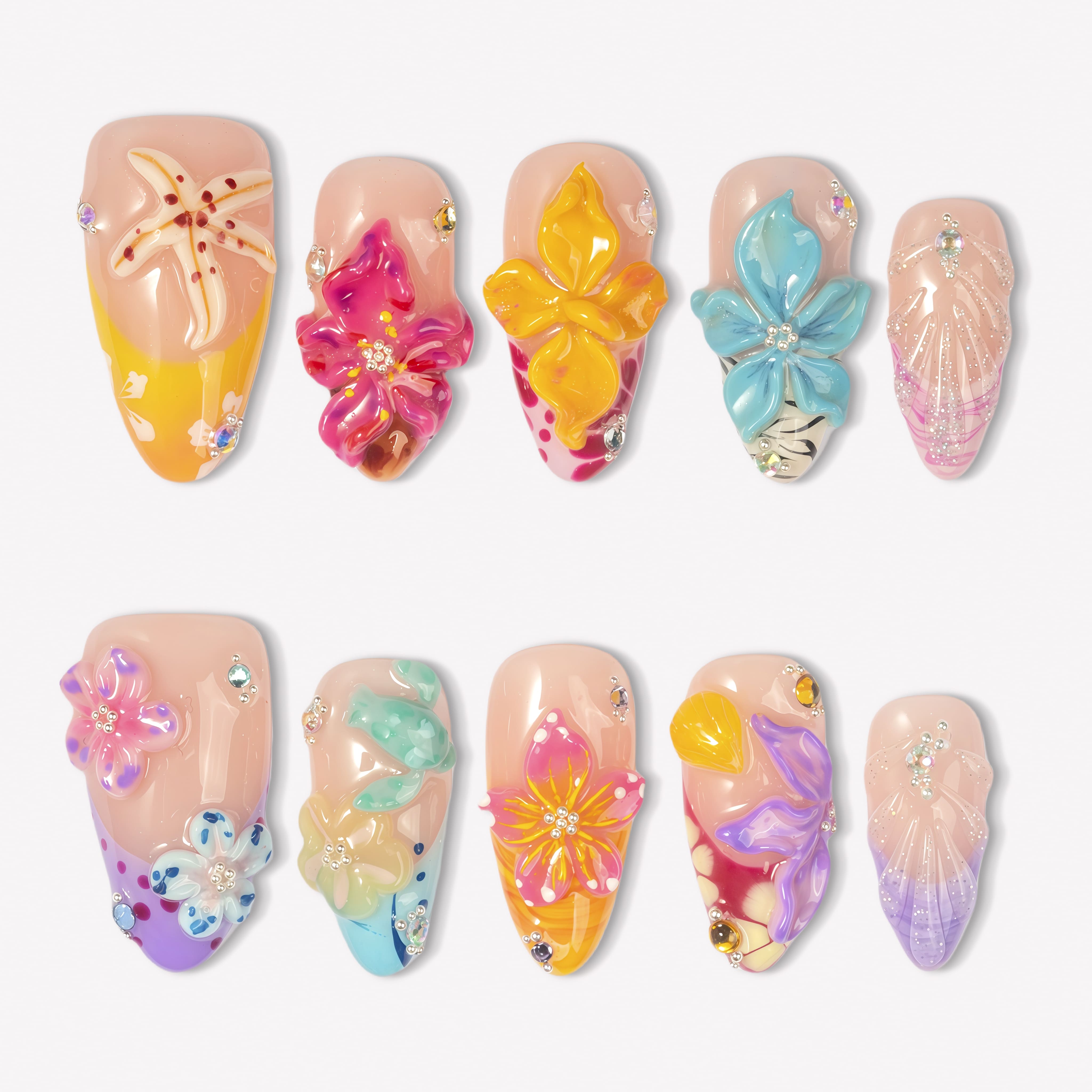 BeyondCanva | Tropical Bloom Multi-Color Luxury 3D Press On Nails