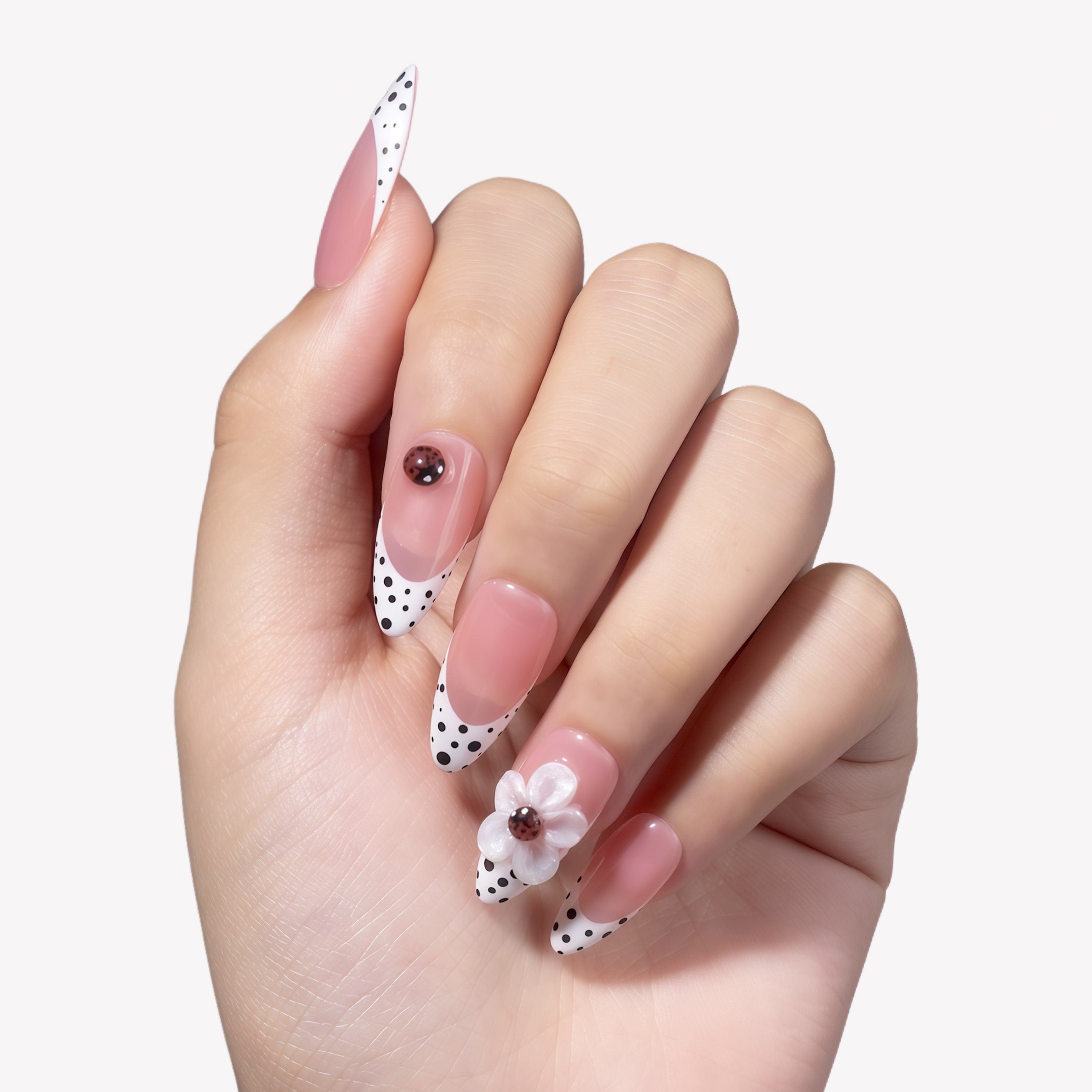 French Floral BlackWhite Long Almond Pearl Simple 3D Handmade