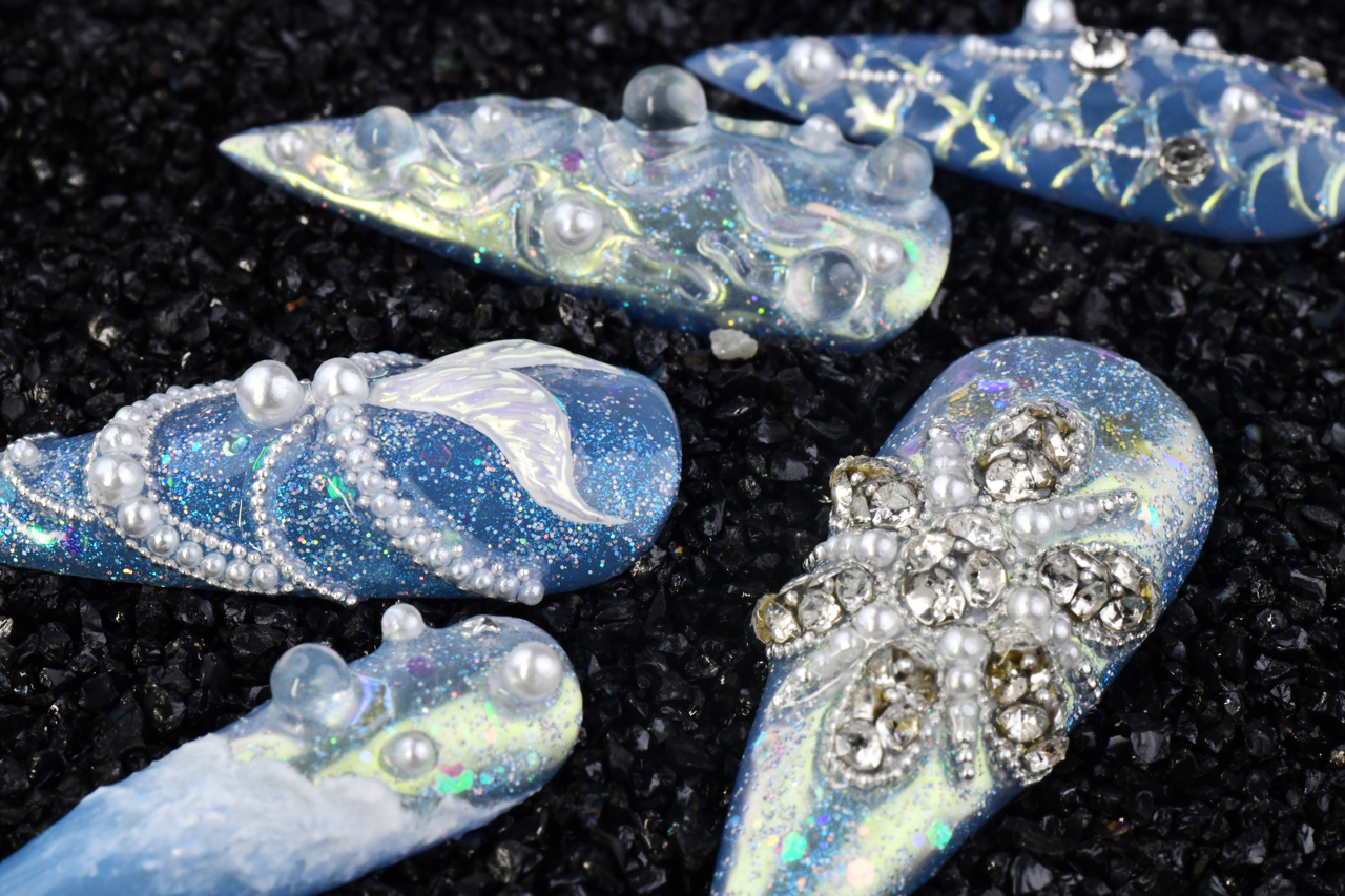 Sparkle Blue Acrylic Long Almond Glossy Jewel Handmade Press On Nails BEYONDCANVA