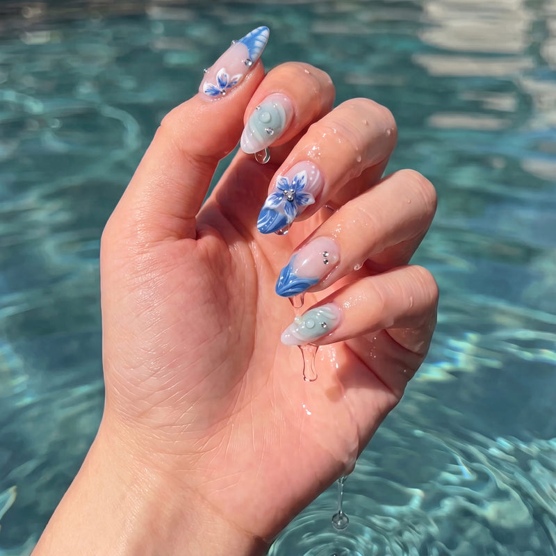 Azure Bloom Handmade Press On Nails