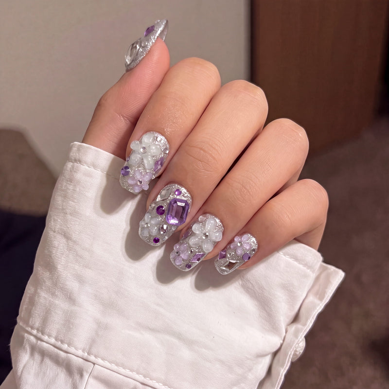 Violet Crystal Blossom Luxury Press On Nails | Purple 3D Crystal Nail Design