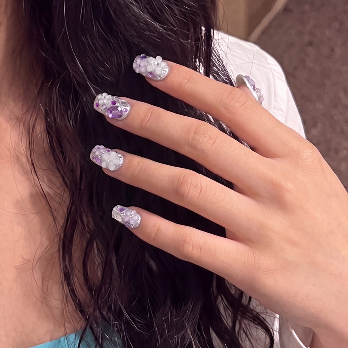 Violet Crystal Blossom Luxury Press On Nails | Purple 3D Crystal Nail Design