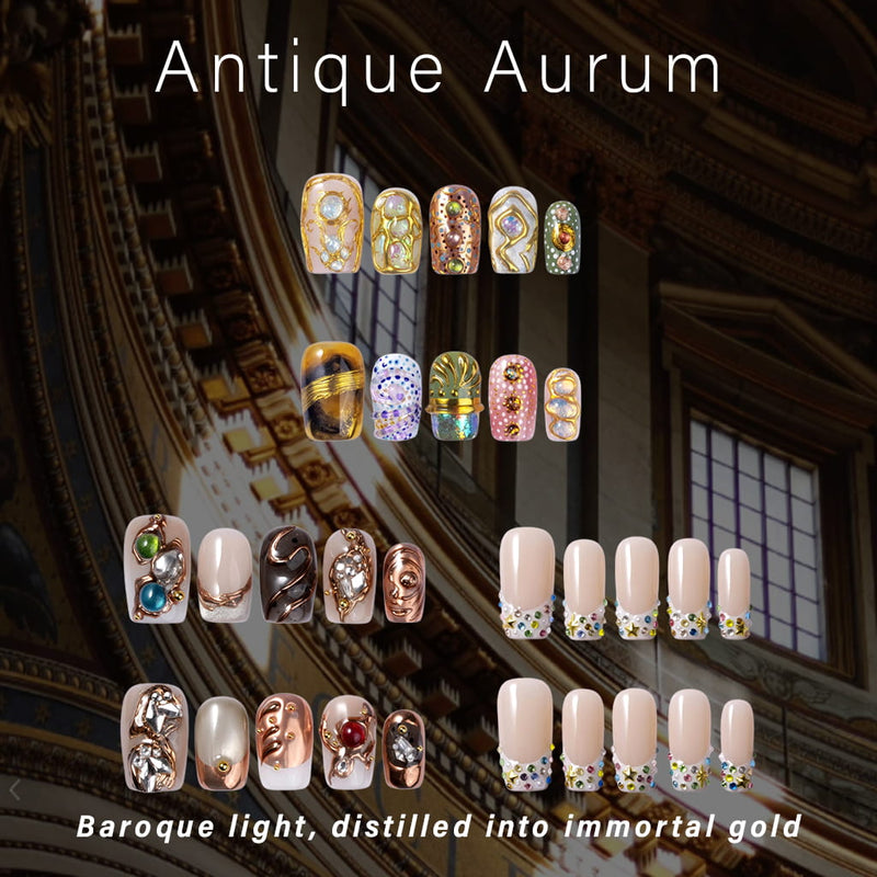 Antique Aurum bundle handmade press on nails arranged over a baroque-style interior background.