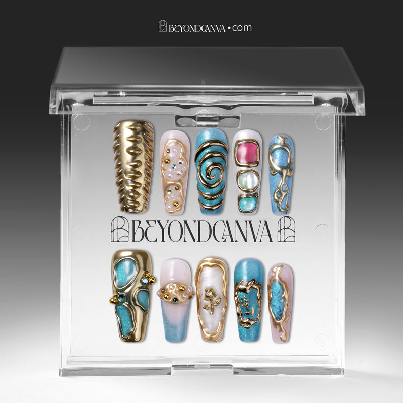 Aurelia turquoise, pearl and gold sculpted press-on nails displayed in a clear Beyondcanva storage case