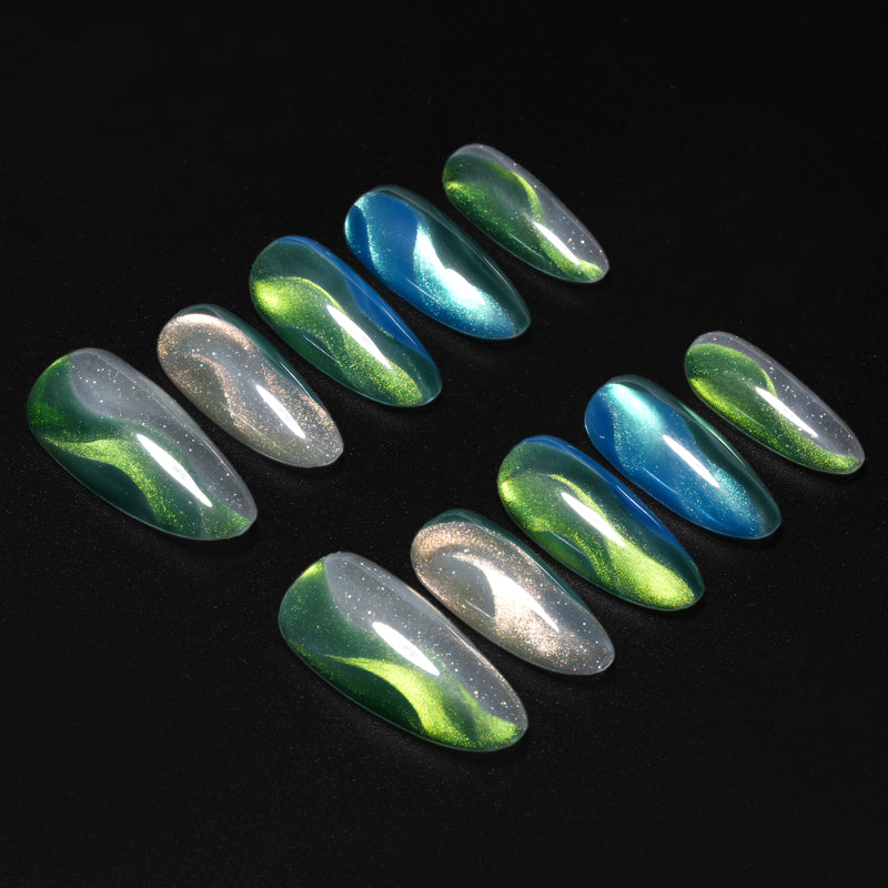Green blue chrome press-on nails arranged in a set layout