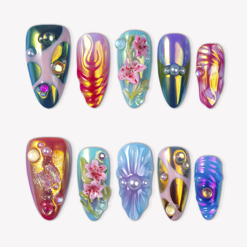 Aurora Petals iridescent multicolor press-on nails with pink flowers, sculpted swirls, pearls and jewel accents
