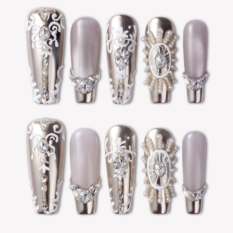 Baroque Crown press-on nails with silver chrome accents, white baroque scrollwork, pearl details, and rhinestone crown embellishments