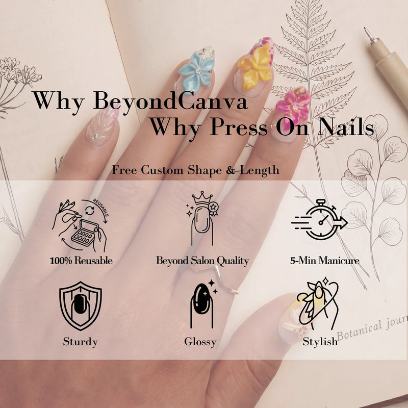Hand wearing glossy nude press-on nails with blue and yellow 3D floral charms on a botanical sketch background.