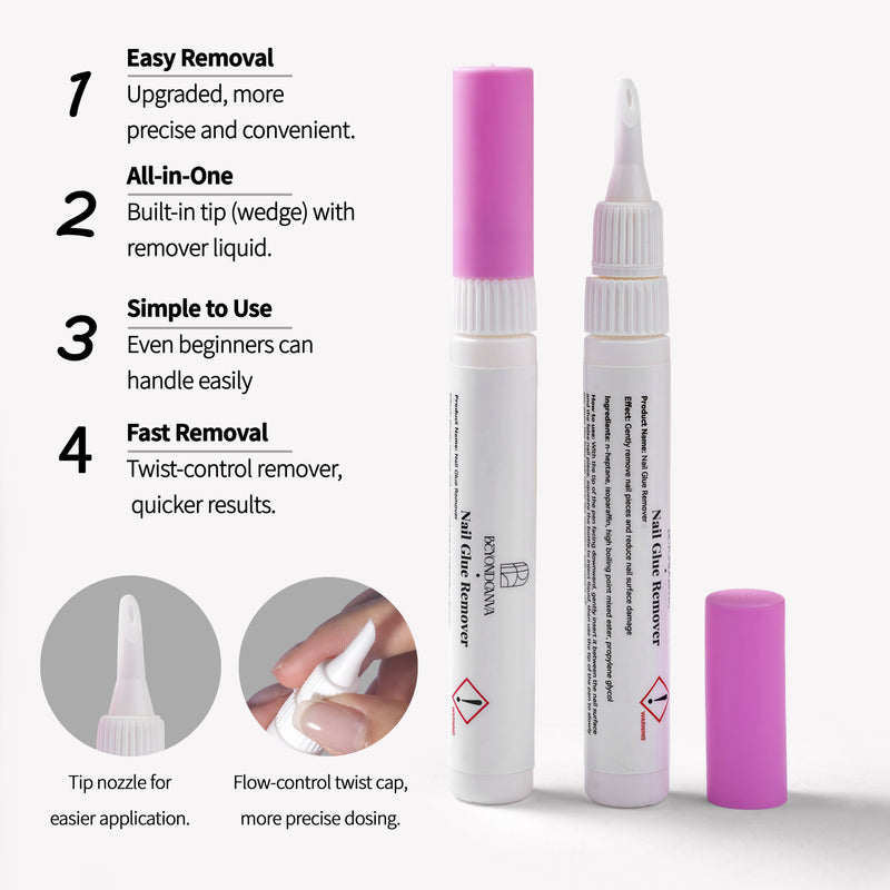 Beyondcanva nail glue remover pen features infographic showing easy removal, built-in tip and twist control