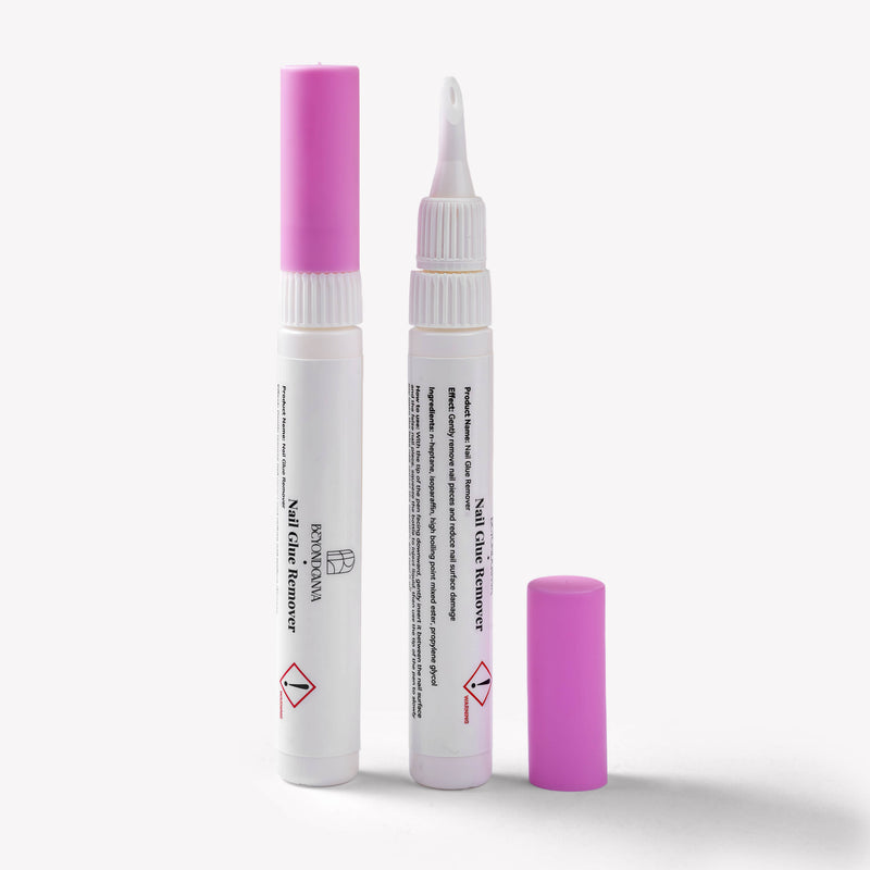 Beyondcanva nail glue remover pen shown open with pink cap beside it as part of the repositionable glue kit