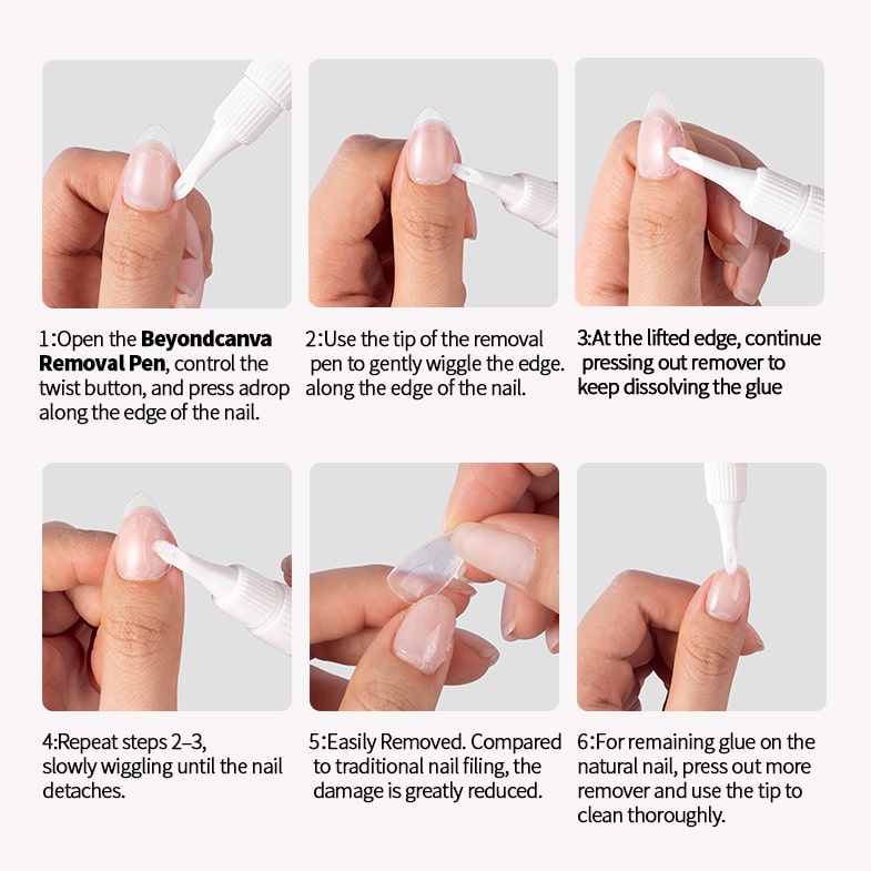 Step-by-step guide showing how to use the Beyondcanva removal pen to loosen and remove press-on nails
