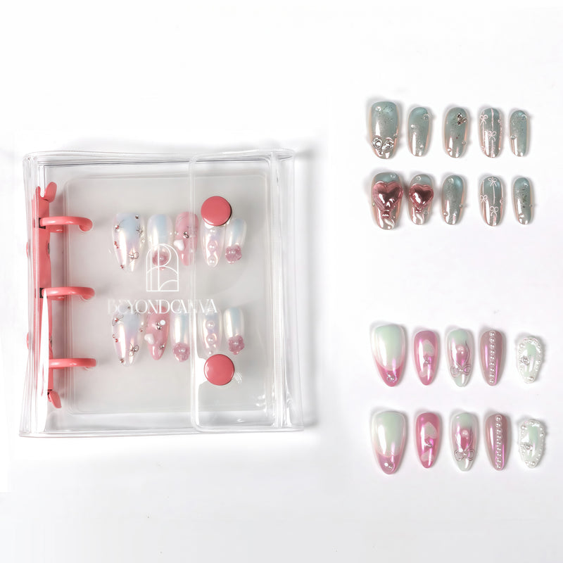 Beyondcanva Nail Collector Book beside three coordinated press-on nail sets in a white background capacity display