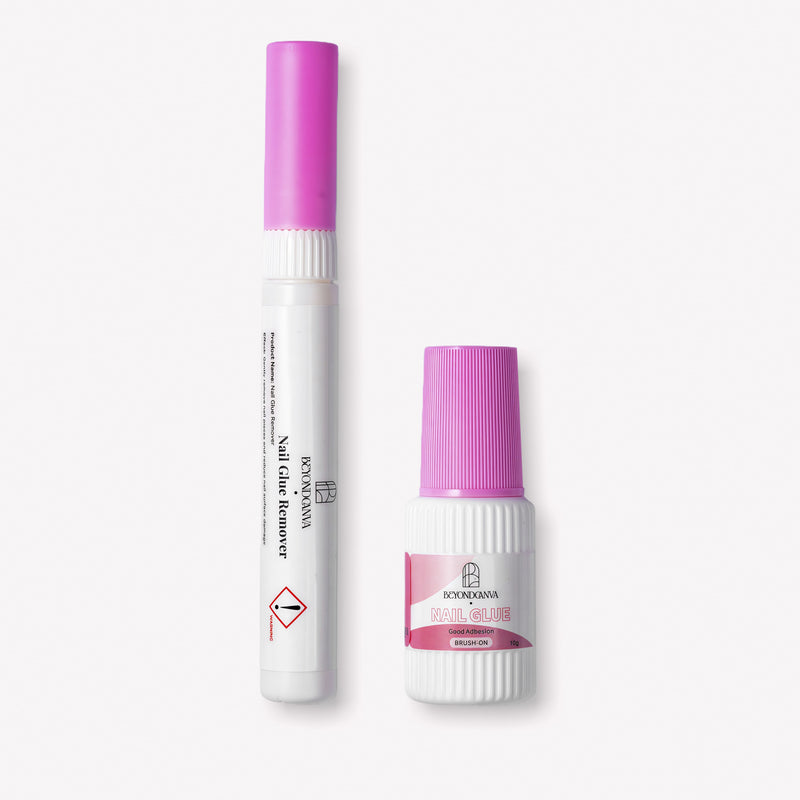Beyondcanva repositionable glue kit with nail glue bottle and remover pen shown on a white background