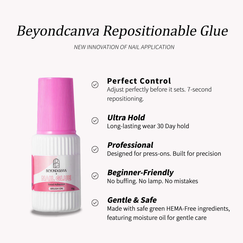 Beyondcanva repositionable nail glue infographic highlighting control, ultra hold and beginner-friendly use