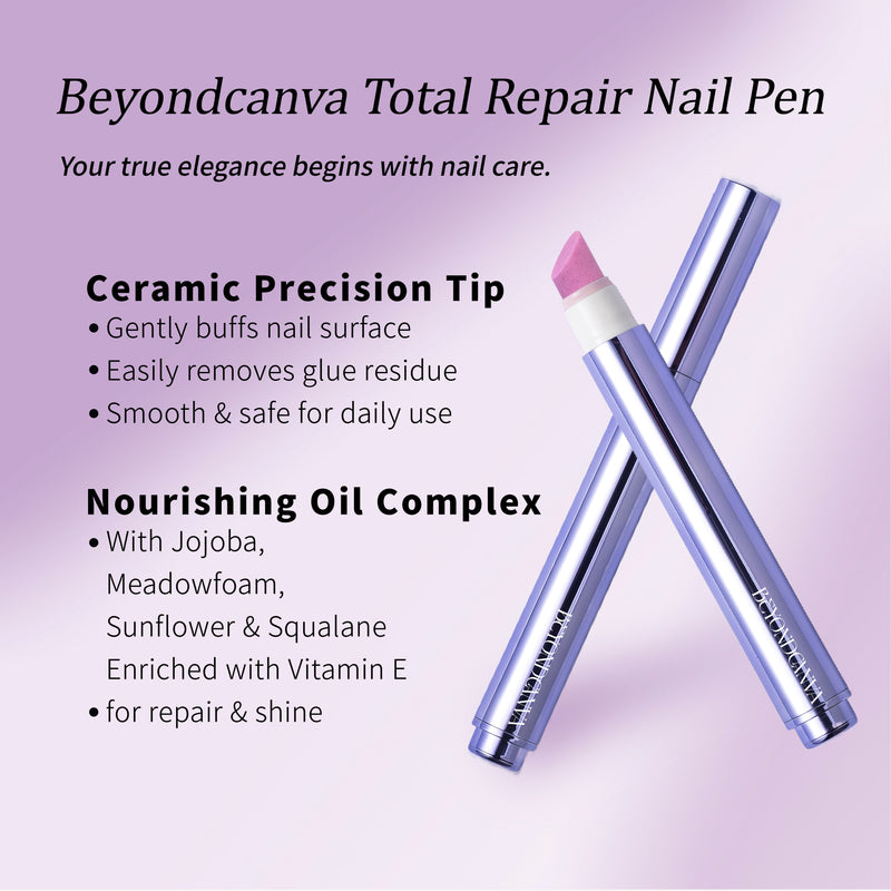 Beyondcanva Total Repair Nail Pen infographic showing a purple nail care pen with ceramic precision tip and nourishing oil complex benefits