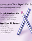 Beyondcanva Total Repair Nail Pen infographic showing a purple nail care pen with ceramic precision tip and nourishing oil complex benefits