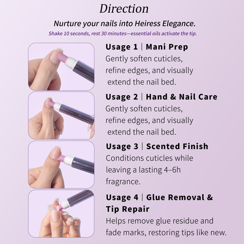 Direction infographic for Beyondcanva Total Repair Nail Pen showing use for mani prep, hand and nail care, scented finish, and glue removal