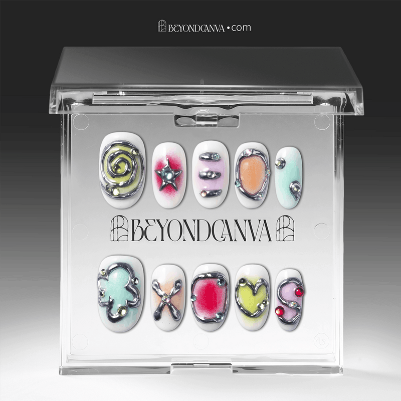 Packaging display of Candy Chrome press-on nails in a clear Beyondcanva case with silver chrome outlines, pastel heart star and bow designs, and rhinestones